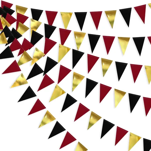 Decoraciones de fiesta de 30 pies, color rojo, negro y dorado, pancarta triangular de papel para colgar, banderines para graduación, cumpleaños,