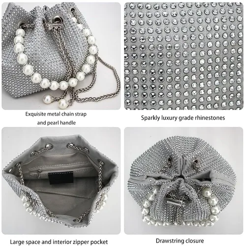 Miniatura 4 de Bolso de mano con diamantes de imitación plateados, brillante y delicado, bolso de noche de diamantes de imitación plateado de lujo, ligero