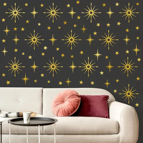 Miniatura 8 de Calcomanías de pared con estrella dorada, diseño retro de explosión de estrellas, calcomanías para dormitorio, sala de estar, decoración de techo