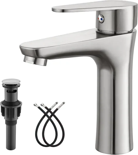 Miniatura 11 de Heyalan Grifo de lavabo de baño dorado cepillado, grifo de tocador de un solo orificio con drenaje desplegable, mangueras de agua fría y caliente