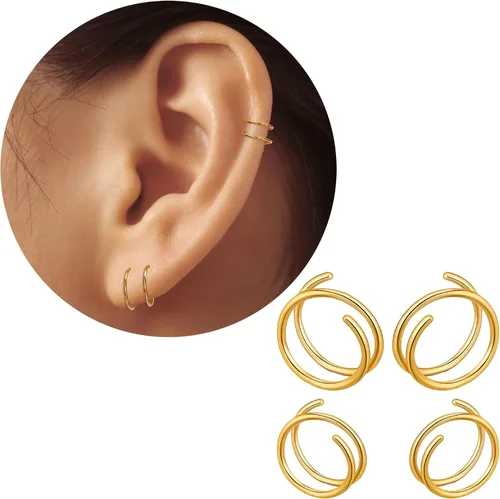 2 Pairs Double Hoop Earrings, Gold Cartilage Earrings for Women, Small Silver Helix Piercing Jewelry,Spiral Nose Ring Tiny Twist Earrings as Gift