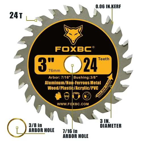 Miniatura 3 de FOXBC Hoja de sierra circular de carburo de 3 pulgadas, 24 dientes, 36 dientes para madera, plástico, PVC, acrílico, aluminio con eje de 7/16