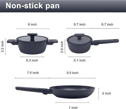 Miniatura 2 de Juego de utensilios de cocina antiadherentes no tóxicos, juego de ollas y sartenes de 3 piezas, sin PFOA/PTFE, listo para inducción y apto