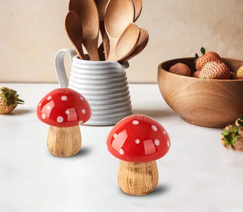 Miniatura 6 de Juego de salero y pimentero de setas de cerámica, salero y pimentero, contenedor de sal roja, juego de salero para cocina, tarro de sal y pimienta
