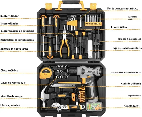 Miniatura 2 de DEKOPRO Juegos de herramientas eléctricas y manuales de 126 piezas con taladro inalámbrico de 8 V y portabrocas sin llave de 3/8", herramientas