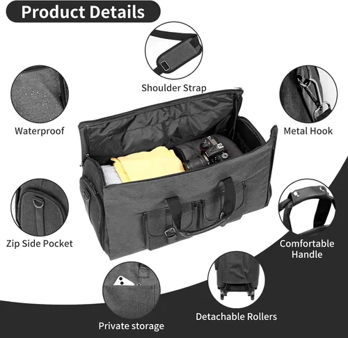 Miniatura 3 de LemoHome Bolsas de ropa con ruedas para viajes, bolsa de lona convertible, bolsas enrollables para viajes, bolsa de ropa con ruedas, equipaje