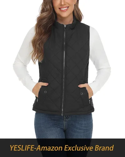 Miniatura 3 de YESLIFE Chaleco de moda para mujer con un bolsillo interior cuello alto ligero con cremallera acolchado para mujer