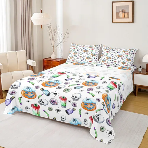 Miniatura 14 de Erosebridal Juego de sábanas de calavera para niños, tamaño individual, para Halloween, esqueleto gótico bailarín, juego de sábanas para niños