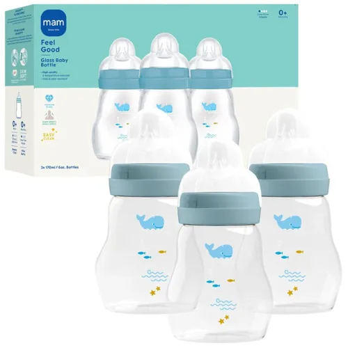 Miniatura 13 de MAM Biberón de cuello ancho anticólicos de vidrio puro Feel Good de 9 onzas, pezón de silicona suave de flujo medio, fácil de limpiar, sin BPA, más