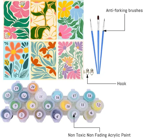 Miniatura 8 de Clendo Juego de 6 paquetes de pintura por números para adultos, kit de pintura por números de flores fáciles para adultos en lienzo sin marco