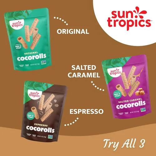 Miniatura 8 de Sun Tropics CocoRolls Sabor a caramelo salado de 4 onzas Galletas de oblea enrolladas crujientes, rollos de coco hechos con crema de coco pura