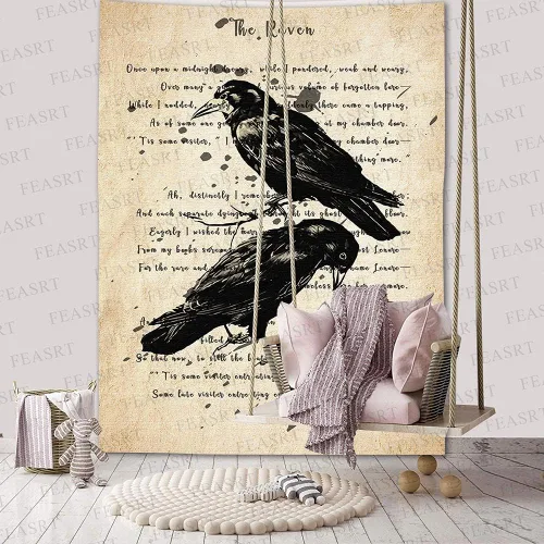 Miniatura 8 de FEASRT Tapiz gótico de calavera y cuervo, tapiz de pared The Raven Edgar Allan Poe, póster rústico de 51 x 60 pulgadas para sala de estar