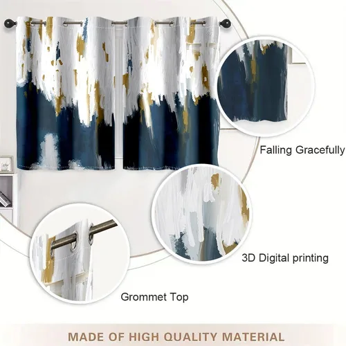Miniatura 6 de Navy Blue White Brown Grey Abstract Grommet Blackout Curtains for Small Window, Oil Painting Style Ombre Window Drapes for Living Room Bedroom