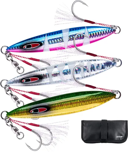 Goture Señuelo artificial vertical de caída plana lenta con plomo luminoso de agua salada, señuelo de pesca con dos ganchos Mustad de asistencia