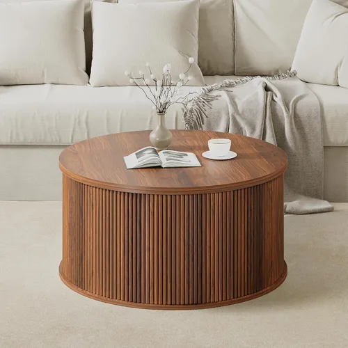 Miniatura 3 de Mesa de Centro con Tapa Elevable, Mesa de Centro Redonda Acanalada con Almacenamiento, Mesa de Comedor Central Estilo Granja Mesa Circular para Sala