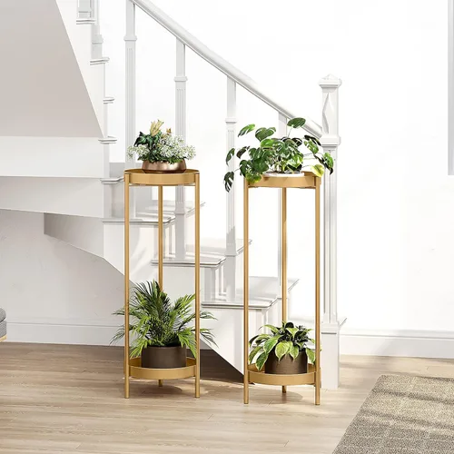 Miniatura 7 de Soporte alto de metal dorado para plantas para interiores o exteriores, estante esquinero moderno de 30 pulgadas y 2 niveles con 2 estantes