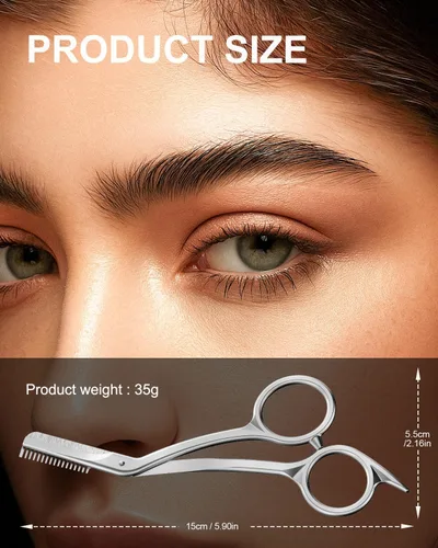 Miniatura 8 de FERYES Tijeras recortadoras de cejas con peines, tijeras de acero inoxidable y peine en uno, tijeras de precisión para recortar cejas para mujeres