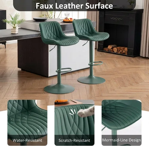 Miniatura 5 de YOUTASTE Juego de 2 taburetes de bar de piel sintética, todos los taburetes de bar tapizados de color verde oscuro con respaldo, silla giratoria
