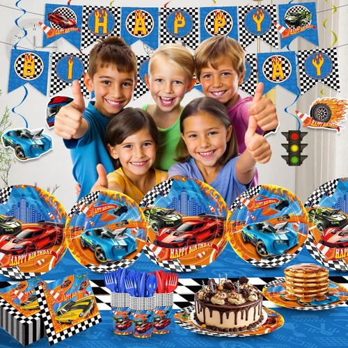 Miniatura 4 de Juego de 179 platos de auto de carreras, servilletas, decoraciones de fiesta de cumpleaños, juego de vajilla desechable, vasos de papel, pancarta