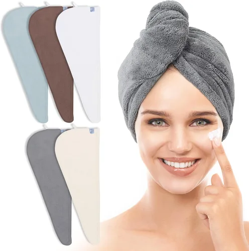 TENSTARS Paquete de 5 Toallas de Microfibra Engrosadas para Cabello para Mujeres - Diseño de Lazo Elástico - 320GSM Terciopelo Coral - Turbante de