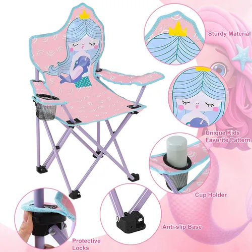 Miniatura 3 de KABOER Silla plegable para césped y camping para niños con portavasos y bolsa de transporte, sillas de camping para niños rosado sirena