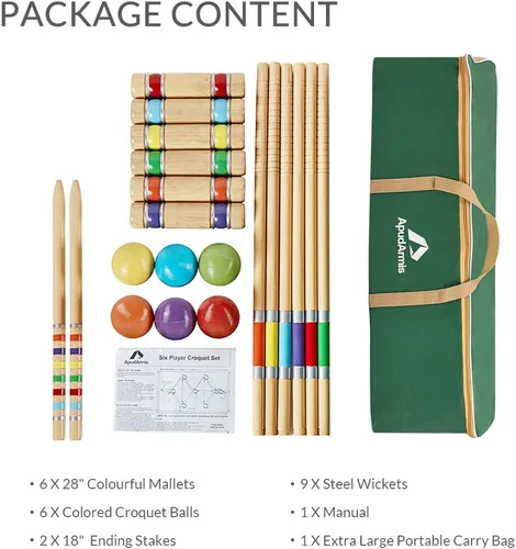 Miniatura 7 de ApudArmis Juego de Croquet para Seis Jugadores con Mazos de Madera de Goma Premium de 28 Pulgadas, Pelota de Colores, Arcos, Estacas – Juego