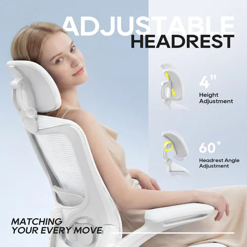 Miniatura 4 de Silla de oficina, silla de escritorio ergonómica de malla con soporte lumbar ajustable y reposacabezas, reposabrazos abatibles, silla de trabajo
