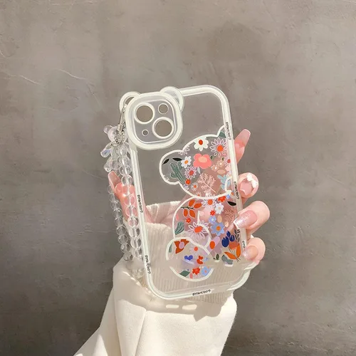 Miniatura 2 de Funda compatible con iPhone 8 Plus, bonito protector de cámara con diseño de oso de flores transparentes con bonita correa y cadena para niñas
