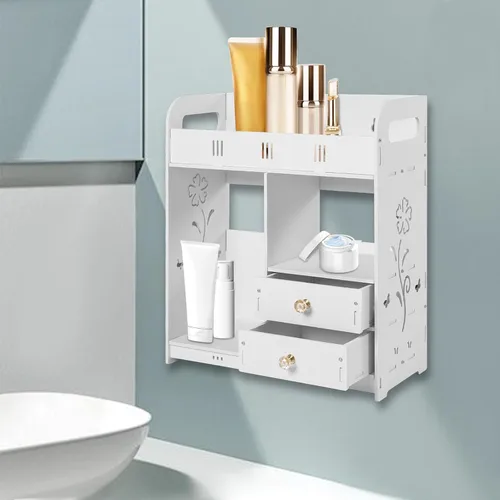 Miniatura 6 de Armario de baño, estante montado en la pared con cajón, estantes de madera para medicamentos, organizador de almacenamiento sobre el inodoro