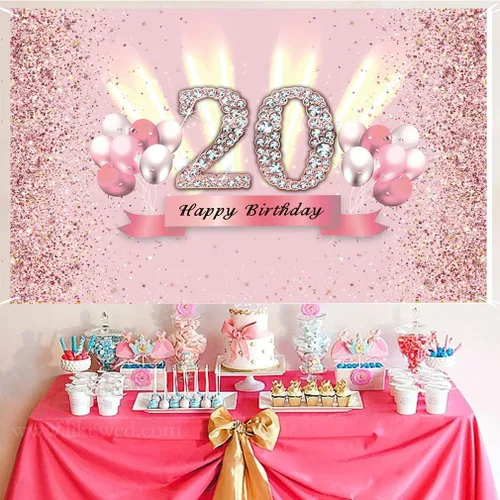 Miniatura 2 de Decoraciones de 20 cumpleaños para mujeres, póster de tela para fiesta de aniversario de 20 años, fondo de foto rosa, suministros de fiesta