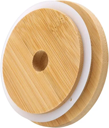 Miniatura 3 de Paquete de 4 tapas de frasco mason de bambú de boca ancha de 86mm con agujero para pajita, tapas de bambú reutilizables a prueba de fugas