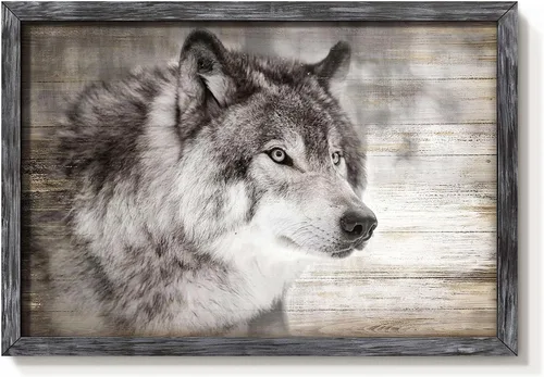 Arte de Pared Enmarcado de Lobo: Pintura Moderna de Animales Salvajes de Madera Rústica Natural Imagen de Vida Silvestre Obra de Arte de Lobo Gris