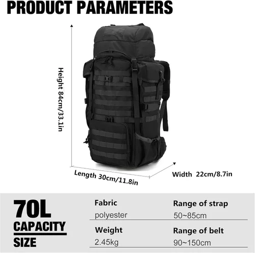 Miniatura 2 de Mardingtop 70L Mochila con armazón interno para caza, camping, senderismo; mochila con cubierta para la lluvia Negro