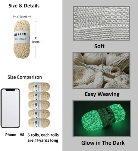 Miniatura 2 de 5 rollos de hilo que brillan en la oscuridad, ganchillo para tejer brillante mejorado, suministros de costura de hilo luminoso para manualidades
