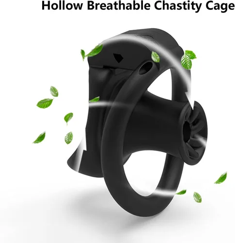 Miniatura 4 de Jaula hueca de castidad masculina con 4 tamaños de anillos, jaula de pene de bloqueo discreto para hombres, equipo SM Bondage para entrenamiento