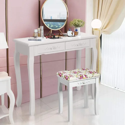Miniatura 2 de Giantex Taburete de tocador de madera, silla acolchada, asiento de piano de maquillaje, banco de maquillaje con cojín rosa (blanco)