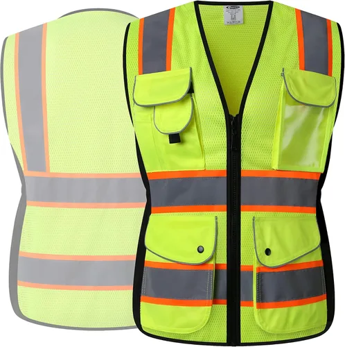 Miniatura 6 de JKSafety Chaleco de seguridad reflectante de alta visibilidad para mujer, tiras reflectantes cosidas en el cuerpo de color neón, transpirable