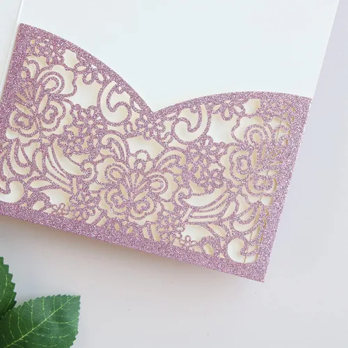 Miniatura 7 de Hosmsua 50 bolsillos de invitación de boda con purpurina morada, 5.12 x 7.2 pulgadas, corte láser, bolsillos de invitación de quinceañera de encaje