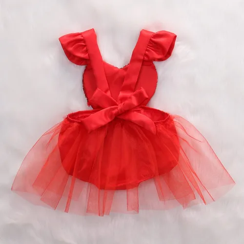 Miniatura 7 de Muasaaluxi Mameluco de San Valentín para niñas recién nacidas, vestido de tutú con manga volada, corazón y lentejuelas, traje de verano 0-3 años