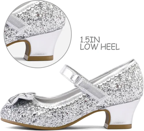 Miniatura 4 de K KomForme Mary Jane - Zapatos de vestir para niña, con purpurina de 1.5 pulgadas, tacón bajo, para boda, fiesta, princesa, zapatos para niños