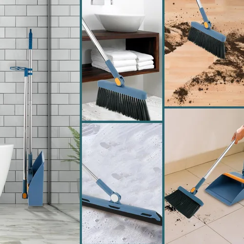 Miniatura 6 de Juego de 3 piezas de barrido de piso, escoba y recogedor para el hogar, escoba interior giratoria de 180°, combo de recogedor y escoba plegable