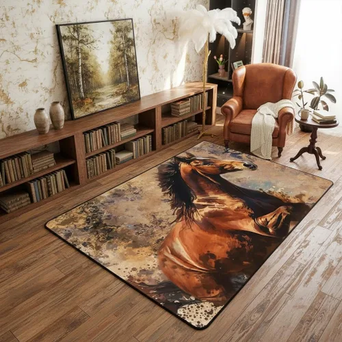 Alfombra decorativa de caballo con pintura de tinta para adolescentes y adultos, estilo occidental, alfombra decorativa de naturaleza animal para