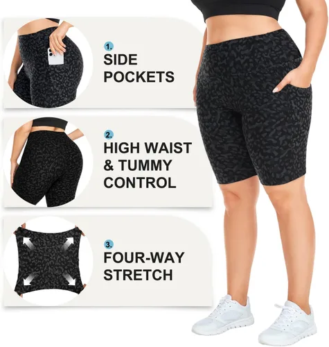 Miniatura 5 de MOREFEEL Pantalones cortos de ciclismo de talla grande de 8 pulgadas con bolsillos para mujer, cintura alta, control de abdomen, pantalones cortos