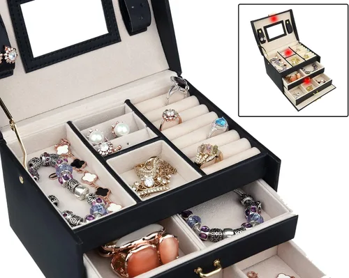 Miniatura 3 de Caja de joyas de piel Goldwheat con cerradura y espejo. Excelente regalo para mujeres., Cuero sintético, Negro, M