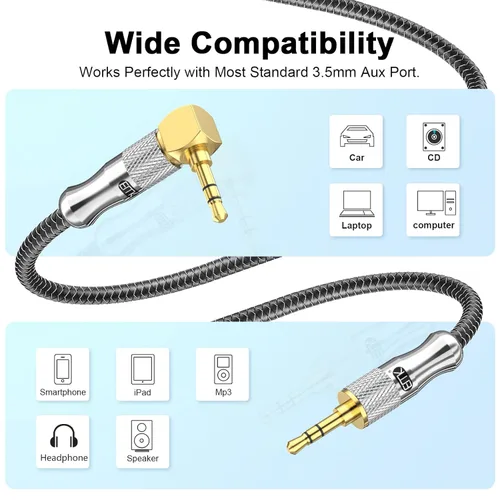 Miniatura 4 de EMK Cable auxiliar en ángulo recto, cable de audio estéreo de 90 grados de 0.138 in macho a macho - nailon trenzado, chapado en oro para automóvil