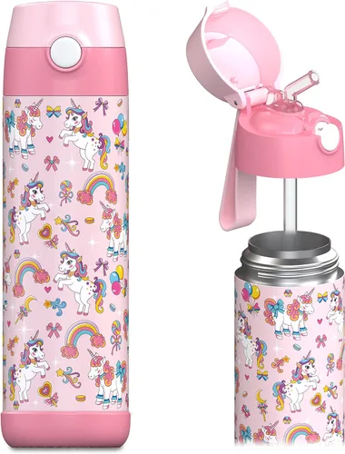 Miniatura 21 de Jarlson® CHARLI - Botella de agua para niños [12 onzas], botella térmica de acero inoxidable con pajilla, botella de agua aislada a prueba