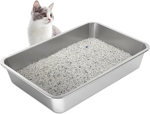 Miniatura 10 de LIHONG Caja de arena de acero inoxidable para gatos, caja de arena de metal extra grande para gatos grandes, gatitos, conejos, sin olor, 6 pulgadas
