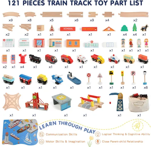 Miniatura 8 de Qilay Juego de tren de madera de 121 piezas con bolsa de almacenamiento, juego de pista de tren de madera Busy Port City para niños a partir de 3