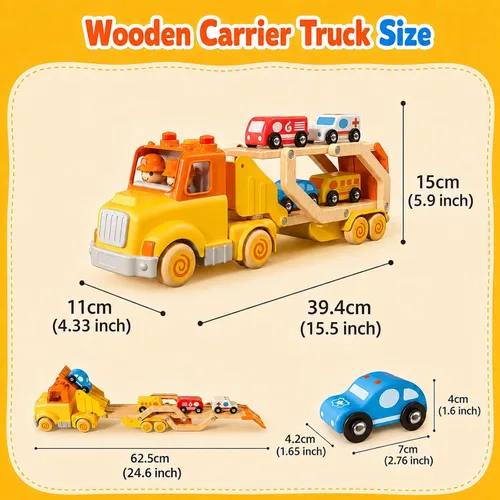 Miniatura 5 de Juguetes de autos para niños pequeños de 2, 3, 4, 5 años, juguete de camión transportador con 4 vehículos de madera, remolque de pista plegable