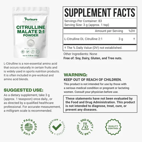 Miniatura 2 de Purisure L-Citrulina en polvo 8.82 oz, suplemento de malato de citrulina 2:1 de alta calidad para rendimiento de fuerza y energía, polvo de malato